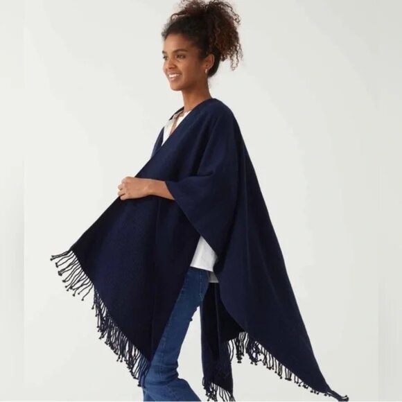 Mer Sea Travel Wrap Poncho Shawl Sweater Blue Fringe Minimalist One Size B8 - Picture 7 of 9